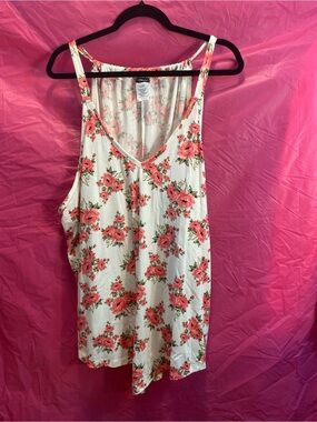 Floral V-Neck Tank Top - White with Coral Pink Roses